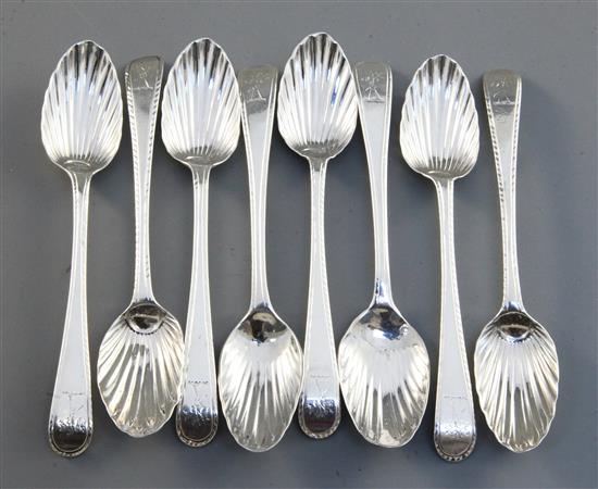 A harlequin set of eight George III silver feather edge pattern teaspoons, 3.9oz.